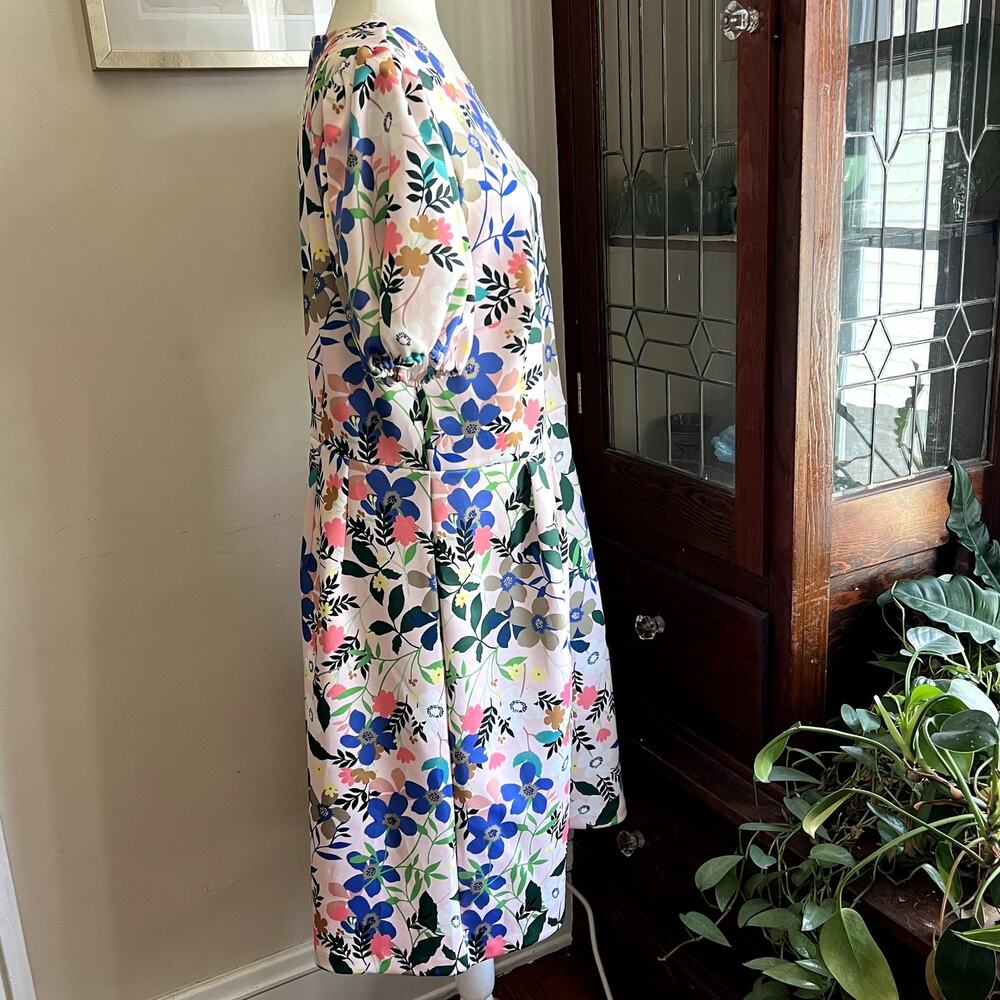 Eloquii Floral Scuba Puff Sleeve Fit Flare Dress Pink Size 16 NWT - Picture 3 of 16